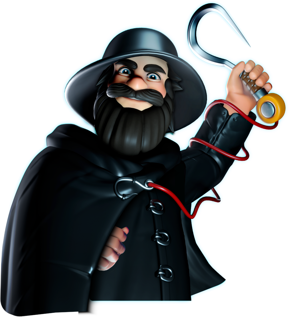 Nahaufnahme des Wild-Symbols von Big Bass Halloween in Form eines finsteren Fischers aus Big Bass Halloween. Er tr&auml;gt einen schwarzen Mantel und einen schwarzen Hut, hat einen vollen Bart und markante Augenbrauen. In der rechten Hand h&auml;lt er triumphierend einen silbernen Angelhaken mit orangefarbenem Griff, umgeben von einer roten Angelschnur.