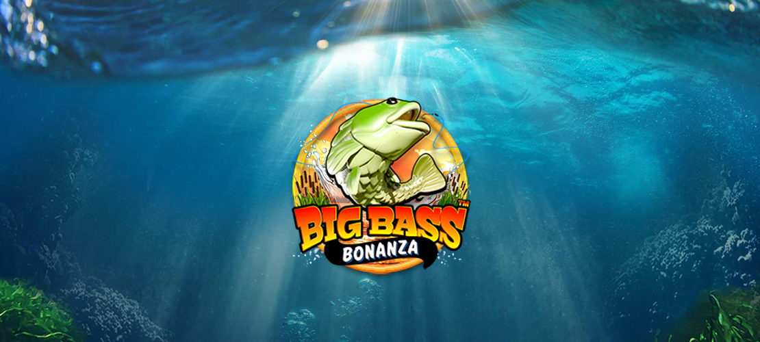 Automatenspiel Big Bass Bonanza. Grüner Fisch schwimmt im Gewässer, umgeben von Unterwasser-Elementen.