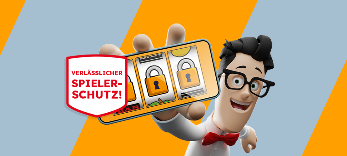 erwin mit Smartphone und Schild 'Verl&auml;sslicher Spielerschutz!'.