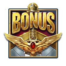 Scatter-Symbol-Grafik mit dem goldenen Schriftzug ‚BONUS‘ über einem Schwert, das von goldenen Flügeln und einem roten Edelstein geziert wird. Die Gestaltung erinnert an ein Wappen oder Abzeichen.