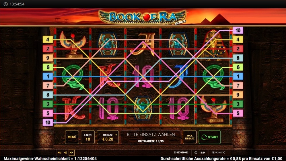 Book of Ra deluxe mit &auml;gyptischen Symbolen und bunten Gewinnlinien