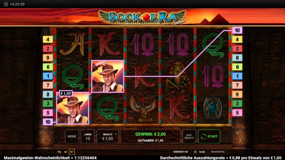 Book of Ra deluxe mit Forscher-Symbolen auf Gewinnlinie und Tempelkulisse