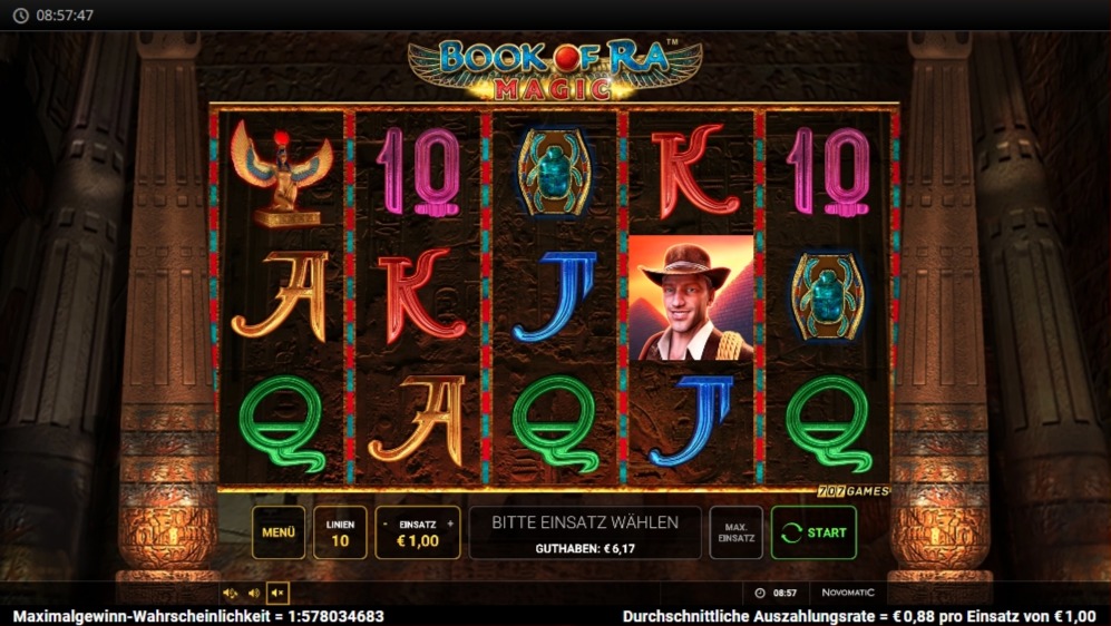 Slot Book of Ra Magic mit Forscher, Skarab&auml;us, Vogelstatue sowie Buchstaben- und Zahlensymbolen im Raster, &auml;gyptische Tempelkulisse im Hintergrund