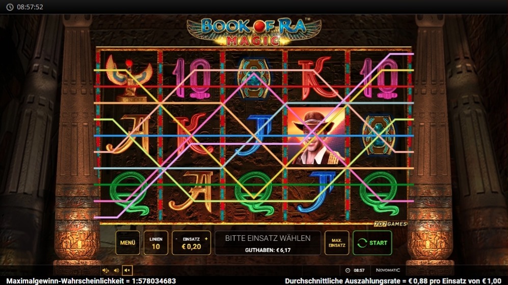 Slot Book of Ra Magic mit Forscher, Skarab&auml;us, Vogelstatue sowie Buchstaben- und Zahlensymbolen und bunten Gewinnlinien im Raster, &auml;gyptische Tempelkulisse im Hintergrund