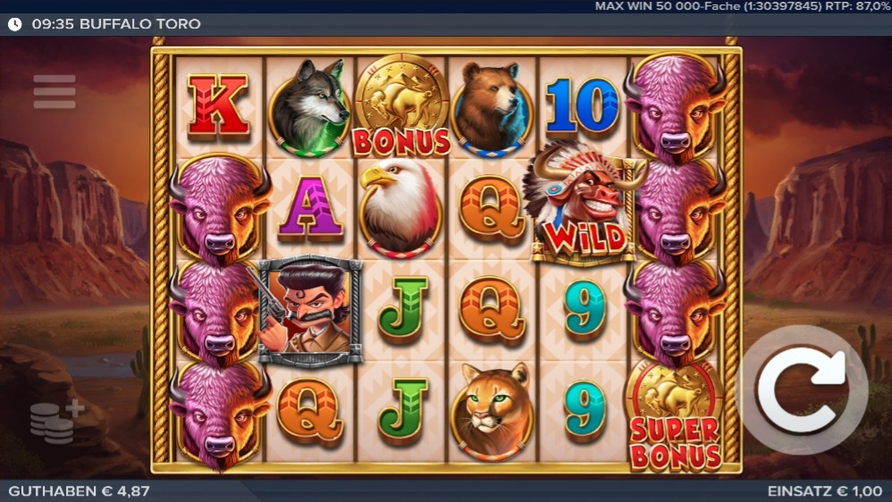 Buffalo Toro mit B&uuml;ffeln, Bonusm&uuml;nzen und Tiersymbolen in Canyonlandschaft