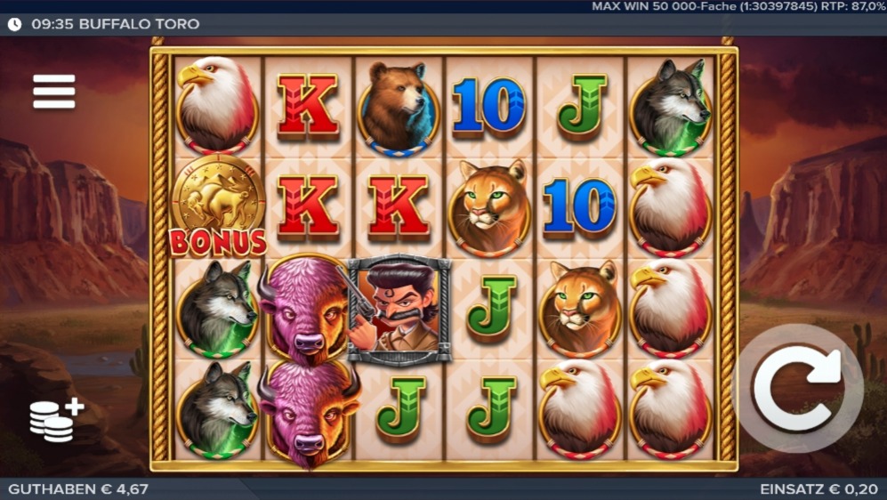 Buffalo Toro mit B&uuml;ffel, Adler, Puma und Bonusm&uuml;nze in Canyonlandschaft