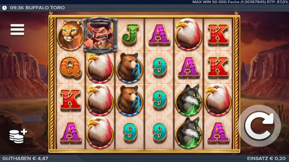 Buffalo Toro mit Puma, Adler, Wolf und Buchstabensymbolen im Raster