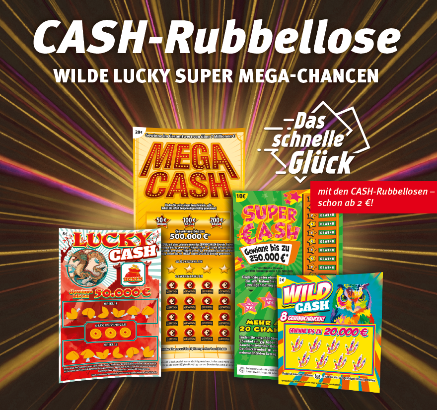 CASH-Rubbellose-Grafik mit bunten Losen und dem Slogan 'Das schnelle Glück'.