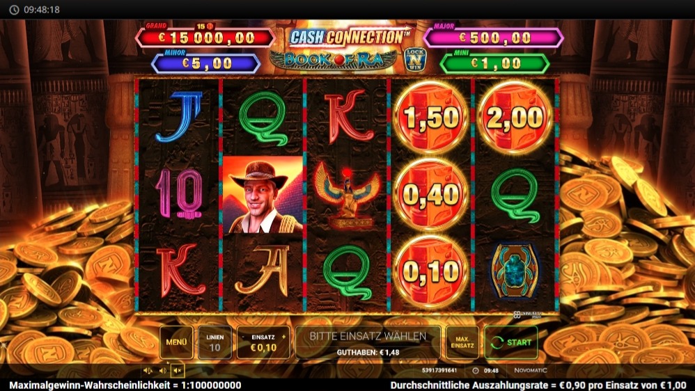 Cash Connection Book of Ra mit Symbolen, M&uuml;nzen und Tempel im Hintergrund