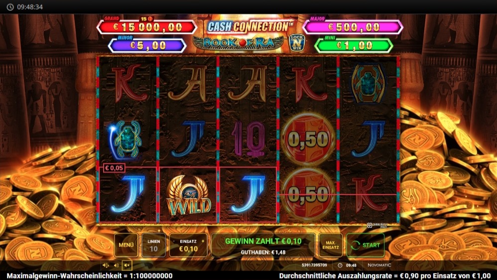 Slot Book of Ra mit Wild-Buch, Skarab&auml;us, M&uuml;nzen und &auml;gyptischem Tempel