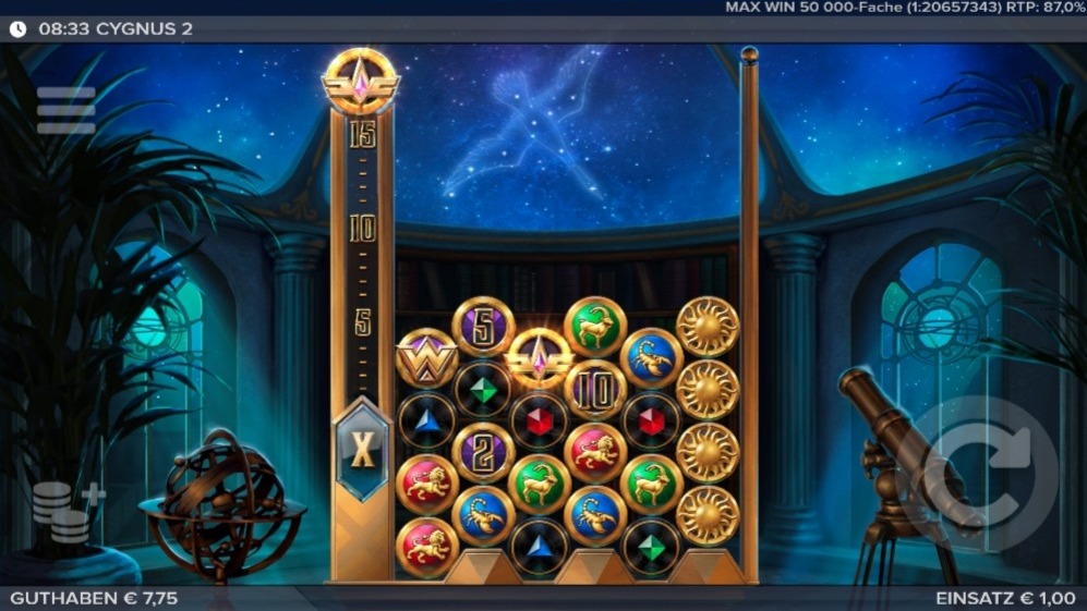 Cygnus 2 Slot mit Edelsteinen, Sternzeichen und Sternenhimmel.