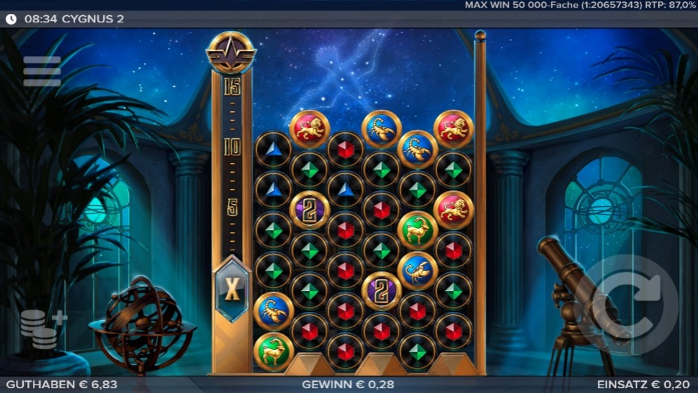 Cygnus 2 Slot mit goldenen Symbolen und Zahlen, Sternbild im Hintergrund.