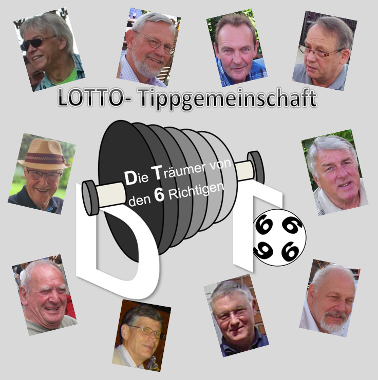 Lotto-Tippgemeinschaft mit Portr&auml;ts und dem Schriftzug: Die Tr&auml;umer von den 6 Richtigen