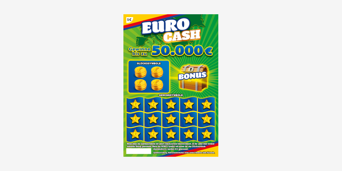 Rubbellos EURO Cash. Gewinne bis zu 50.000 €. Chance auf den Spitzengewinn 1 zu 450.000.