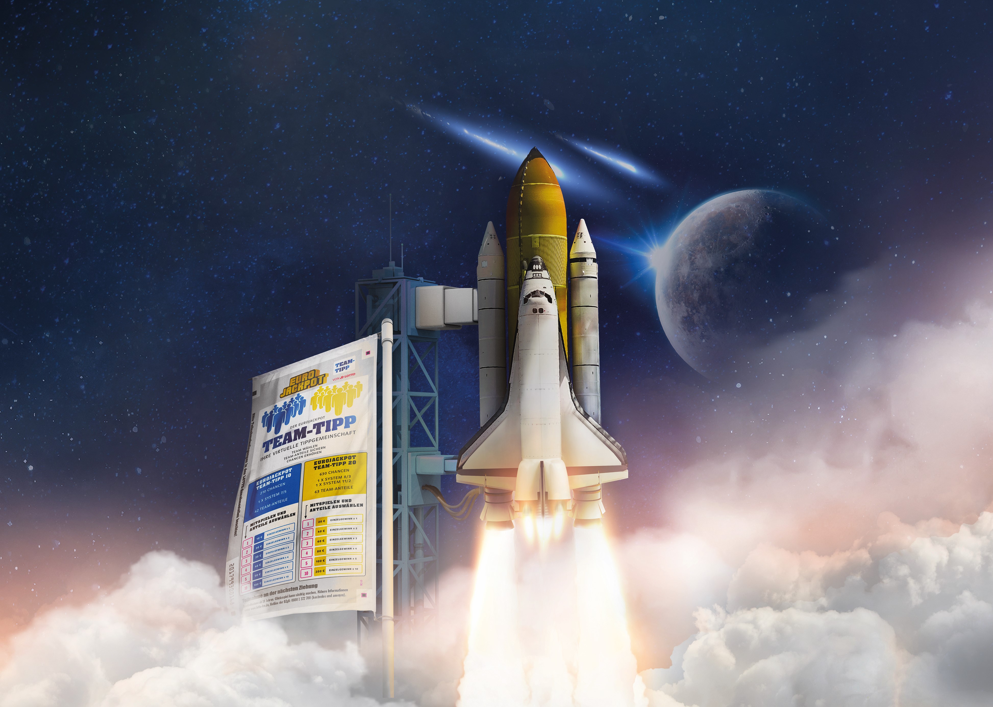 Raketenstart neben einem Eurojackpot-Team-Tipp-Schein vor Sternenhimmel.