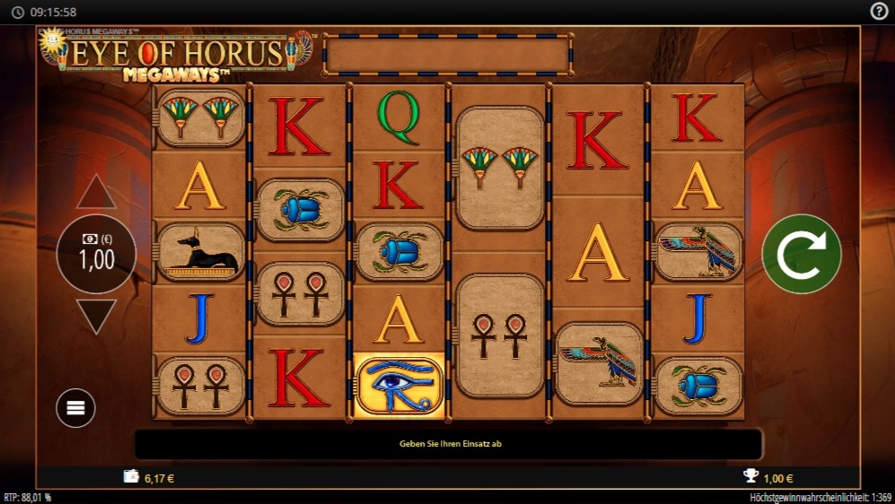 Eye of Horus Megaways mit &auml;gyptischen Symbolen und Tempelkulisse