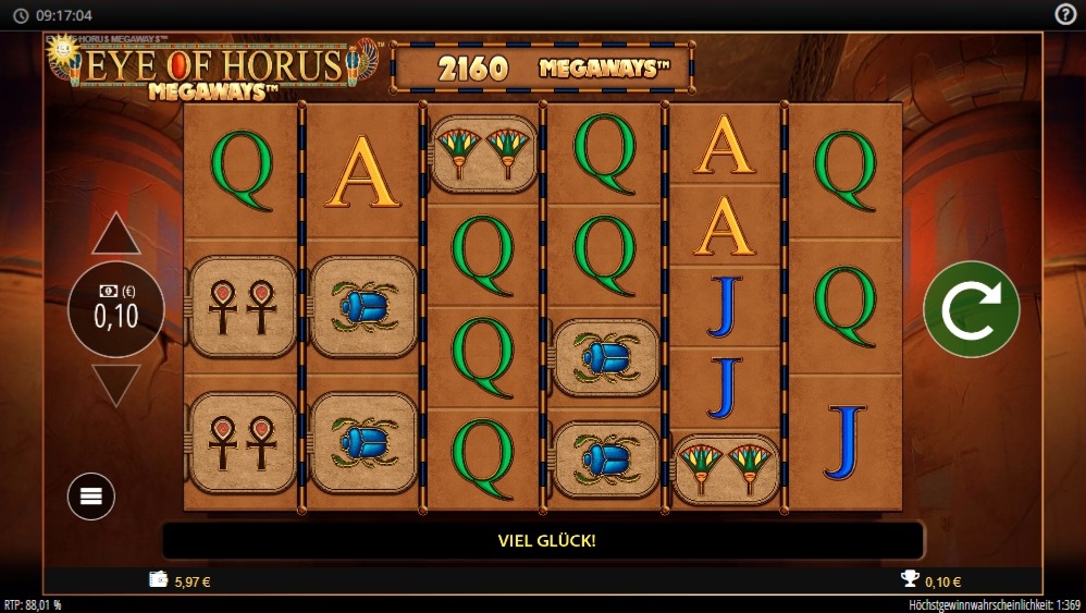Eye of Horus Megaways mit Skarab&auml;en, Ankh und Buchstaben vor Tempelkulisse