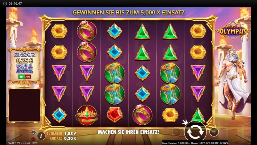 Slot Gates of Olympus mit bunten Edelsteinsymbolen und Ringen im Raster, Zeus-Tempel mit Gottfigur im Hintergrund
