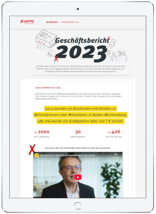 Screenshot des Geschäftsberichts 2023 von Lotto Baden-Württemberg auf einem Tablet.