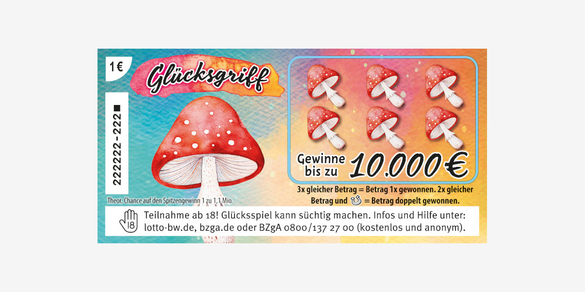 Rubbellos Glücksgriff. Gewinne bis zu 10.000 €. Chance 1 zu 1,1 Mio.