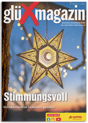 Cover Glüxmagazin Nr. 48 mit stimmungsvollem, leuchtendem Weihnachtsstern der an einem Baum-Ast hängt