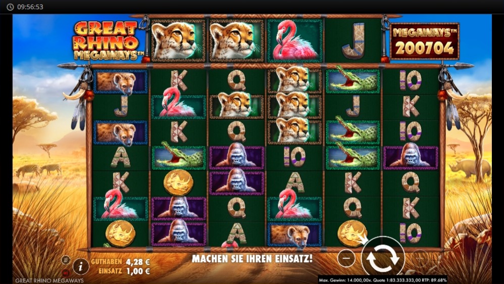 Great Rhino Megaways mit Tiermotiven wie Geparden, Flamingos und Hy&auml;nen