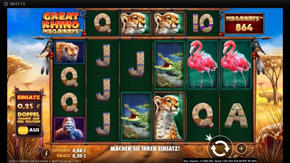 Great Rhino Megaways mit Tiersymbolen und Megaways-Anzeige
