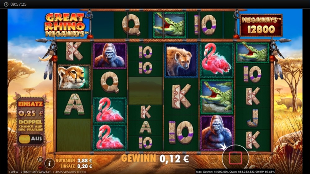 Great Rhino Megaways mit gemischten Tiersymbolen und Gewinn