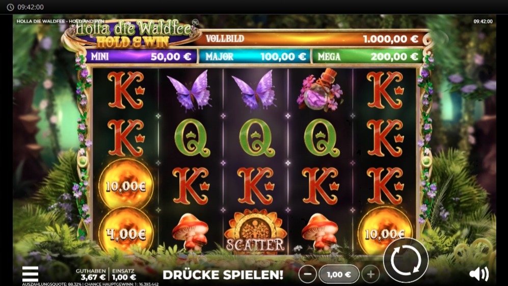 Slot Holla die Waldfee Hold & Win mit Waldmotiven, Schmetterlingen und goldenen Bonuskugeln.