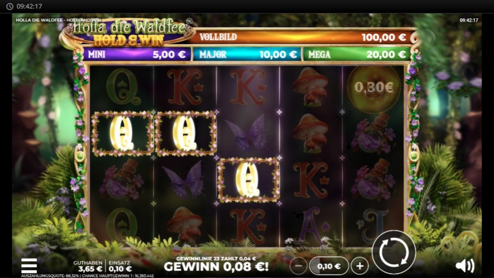 &bdquo;Slot Holla die Waldfee Hold & Win mit leuchtenden gelben Symbolen und Bonuskugel rechts.