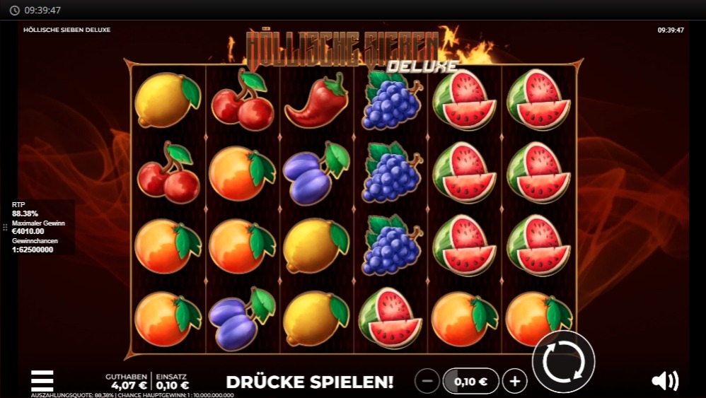 Slot H&ouml;llische Sieben Deluxe mit bunten Fruchtsymbolen vor dunklem Gluthintergrund