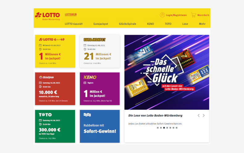 Screenshot der Startseite von Lotto Baden-Württemberg.