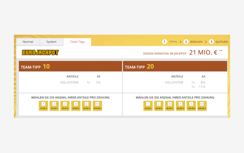 Screenshot Eurojackpot Team-Tipp von der Webseite von Lotto Baden-Württemberg