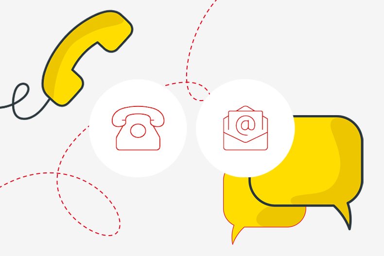 Illustration eines Telefons, eines Mailsymbols sowie eines gelben Telefonhörers und zwei Sprechblasen in gelb.