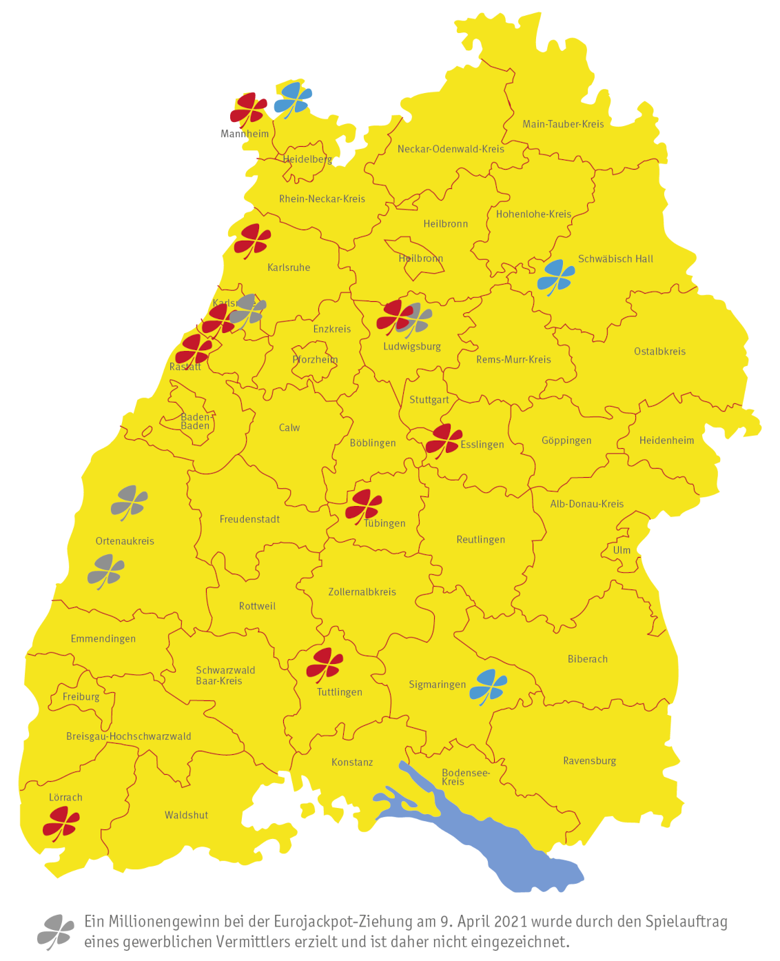 Landkarte des Glücks: Millionengewinne 2021 Baden-Württemberg