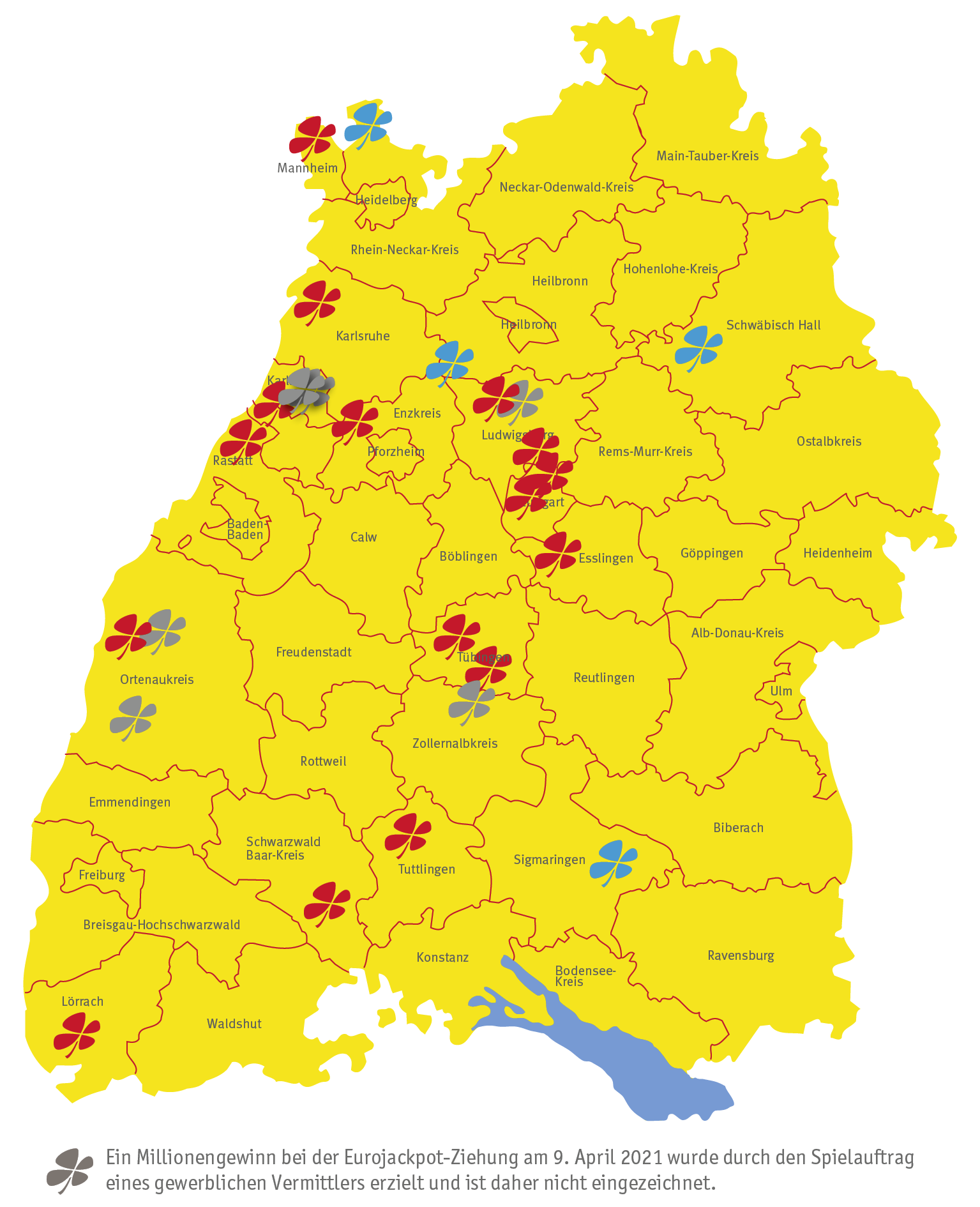 Landkarte des Glücks: Millionengewinne 2021 Baden-Württemberg