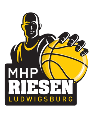 Logo von MHP Riesen Ludwigsburg. Mann hält Basketball in einer Hand.