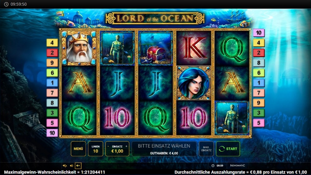 Slot Lord of the Ocean mit Meeresgott-Symbol und bunten Buchstaben- und Bildsymbolen im Unterwasserdesign.