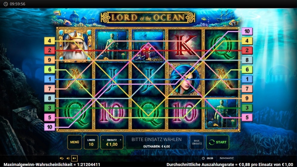 Slot Lord of the Ocean mit mehreren farbigen Gewinnlinien &uuml;ber den Symbolen im Raster.