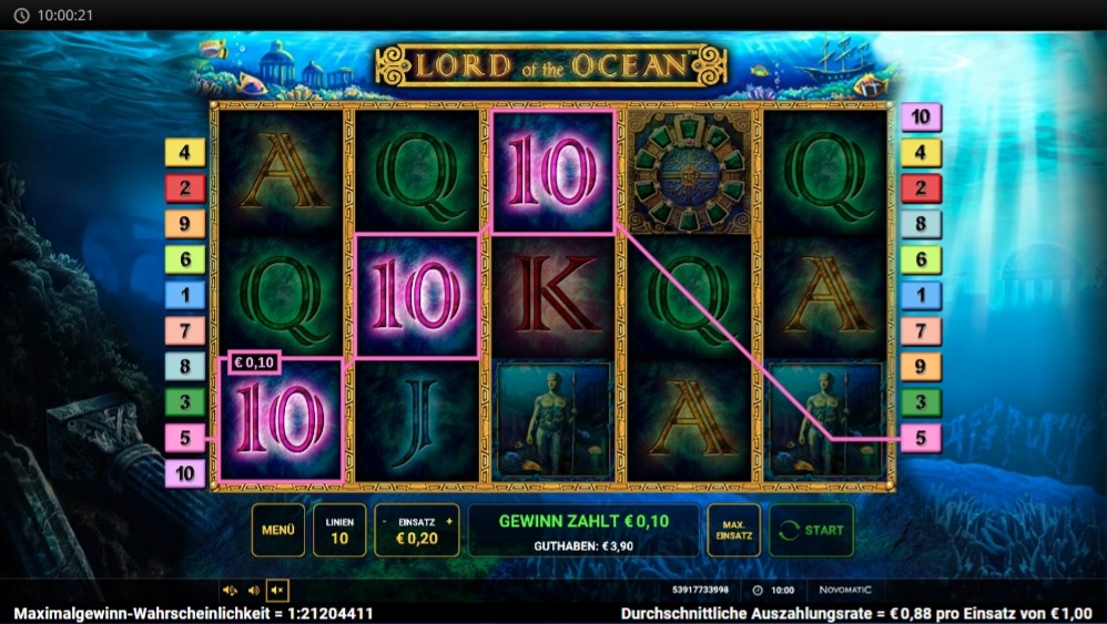 Slot Lord of the Ocean mit hervorgehobener Gewinnlinie und leuchtenden 10-Symbolen vor Unterwasserlandschaft.