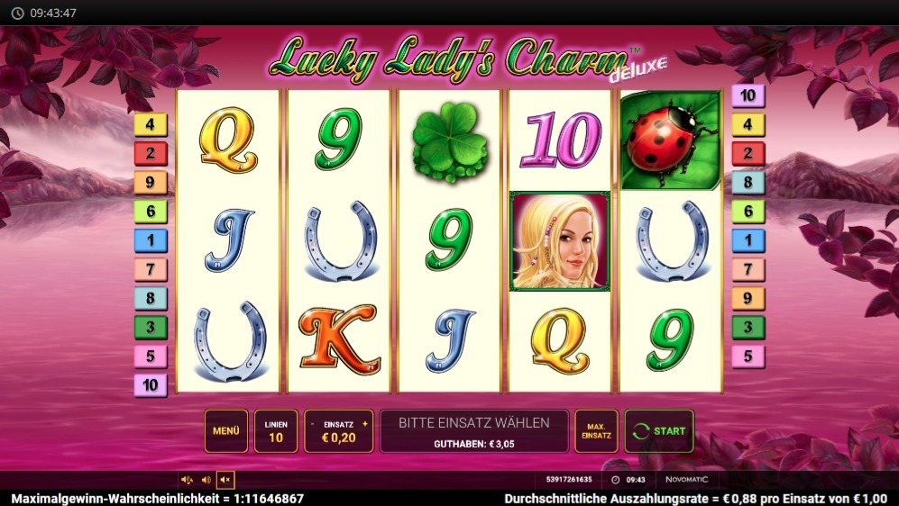 Lucky Lady&rsquo;s Charm mit Kleeblatt, Hufeisen, K&auml;fer und Lucky Lady im Raster