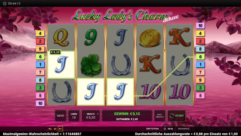 Lucky Lady&rsquo;s Charm mit J-Gewinnlinie, Buchstaben und Goldm&uuml;nzen im Raster