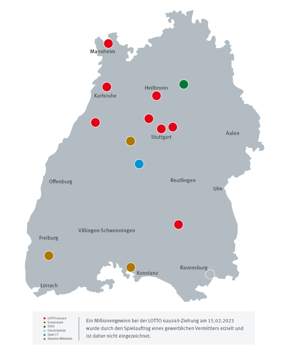 Millionengewinne in Baden-Württemberg 2023 - Landkarte