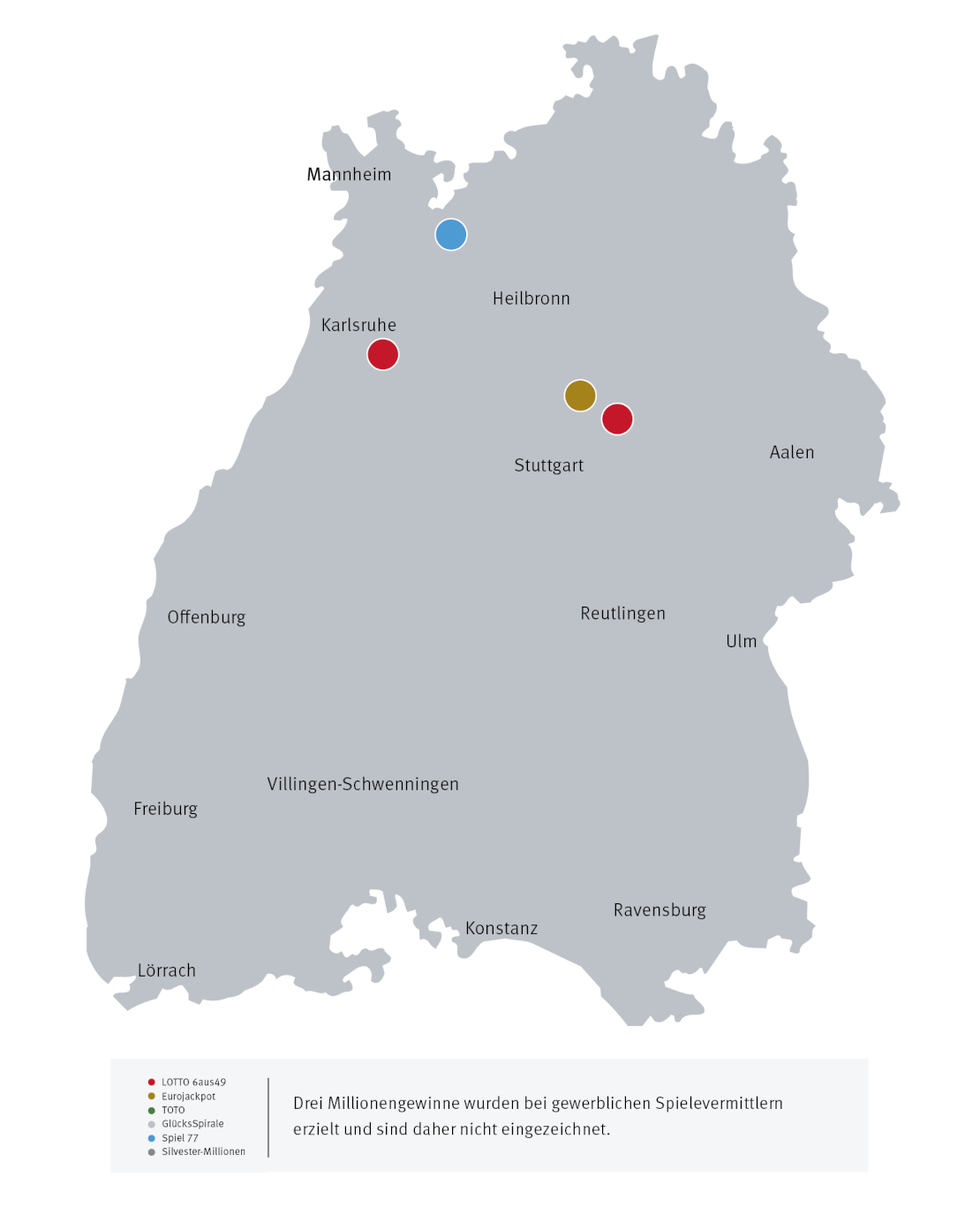 Millionengewinne in Baden-Württemberg 2024 - Landkarte