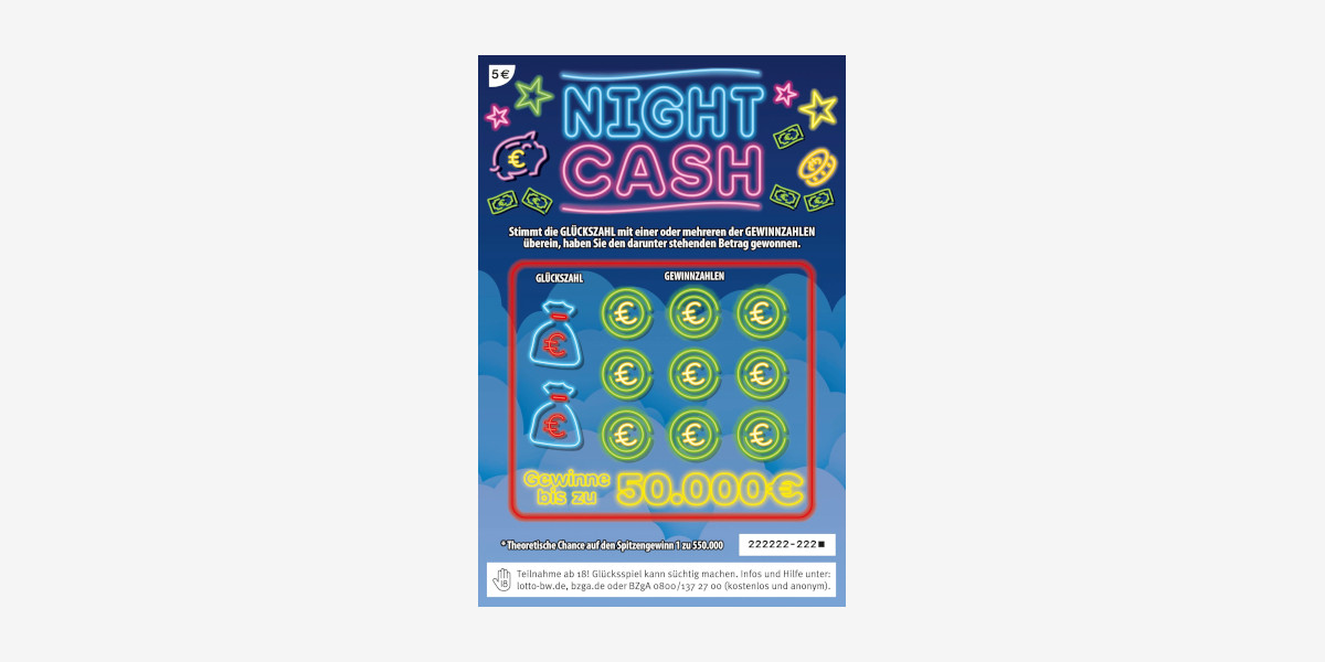 Nigh Cash. Gewinne bis zu 50.000 €. Theoretische Chance auf den Spitzengewinn 1 zu 550.000.