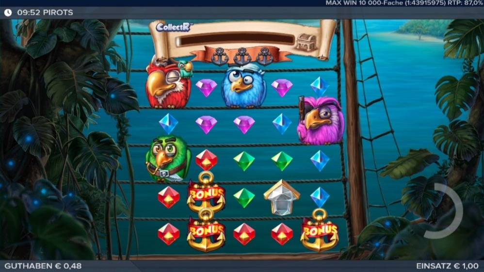 Slot Pirots mit bunten Edelstein-Symbolen, Piratenv&ouml;geln und Bonus-Icons im Raster, tropische Pirateninsel am Meer im Hintergrund