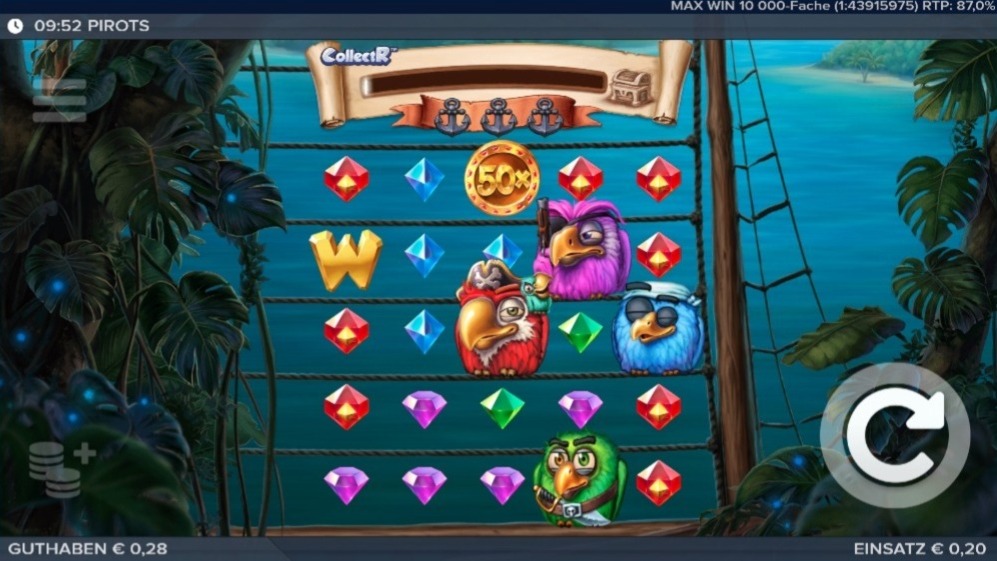 Slot Pirots mit bunten Edelsteinen, Piratenv&ouml;geln, 50x-M&uuml;nze und W-Symbol im Raster, tropische Pirateninsel am Meer im Hintergrund