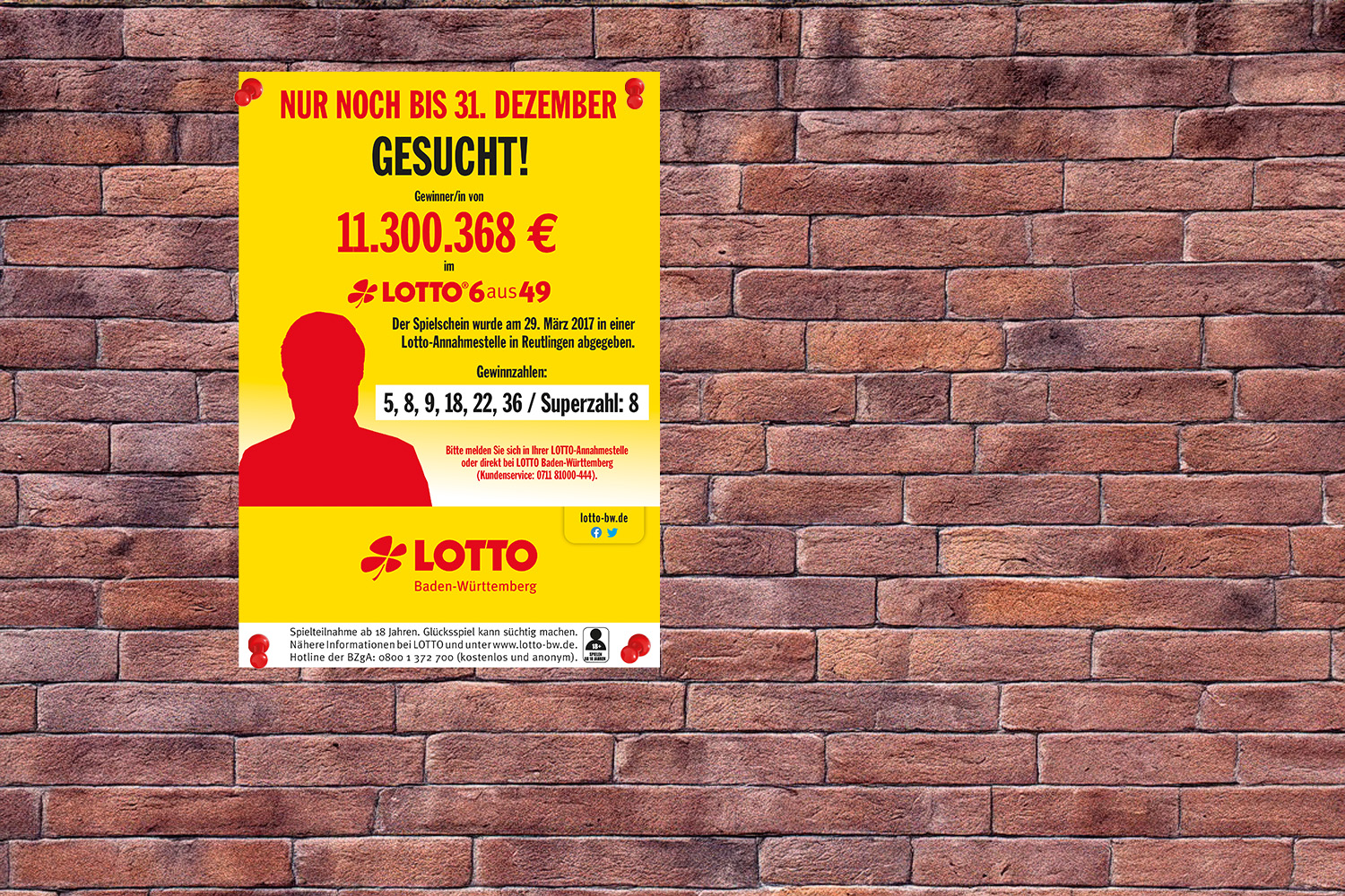 'Fahndungsplakat' von Lotto BW aus 2017, das nach einem Gewinner im Lotto für 11,3 Millionen Euro sucht.
