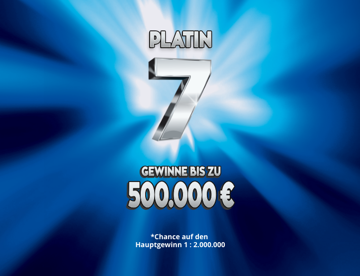 Platin 7 Logo mit Gewinne bis zu 500.000 € und theoretischer Chance 1 zu 2 Millionen auf blauem Hintergrund.