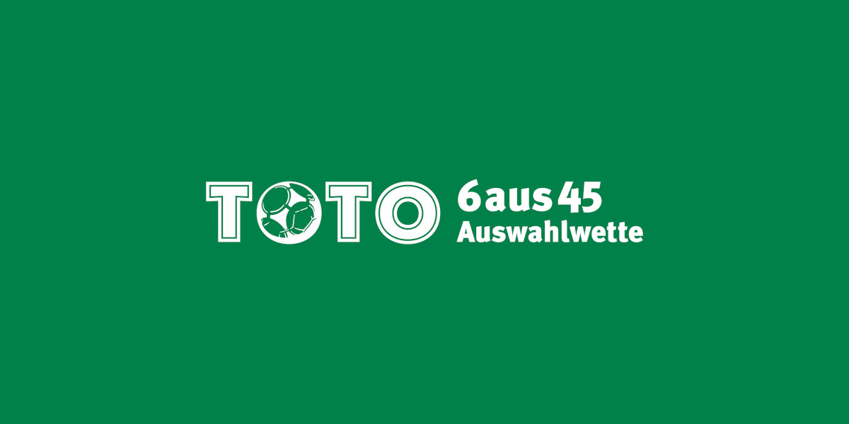TOTO-Logo: Weißer Schriftzug mit Fußballsymbol und Text ‚6 aus 45 Auswahlwette‘ auf grünem Hintergrund.